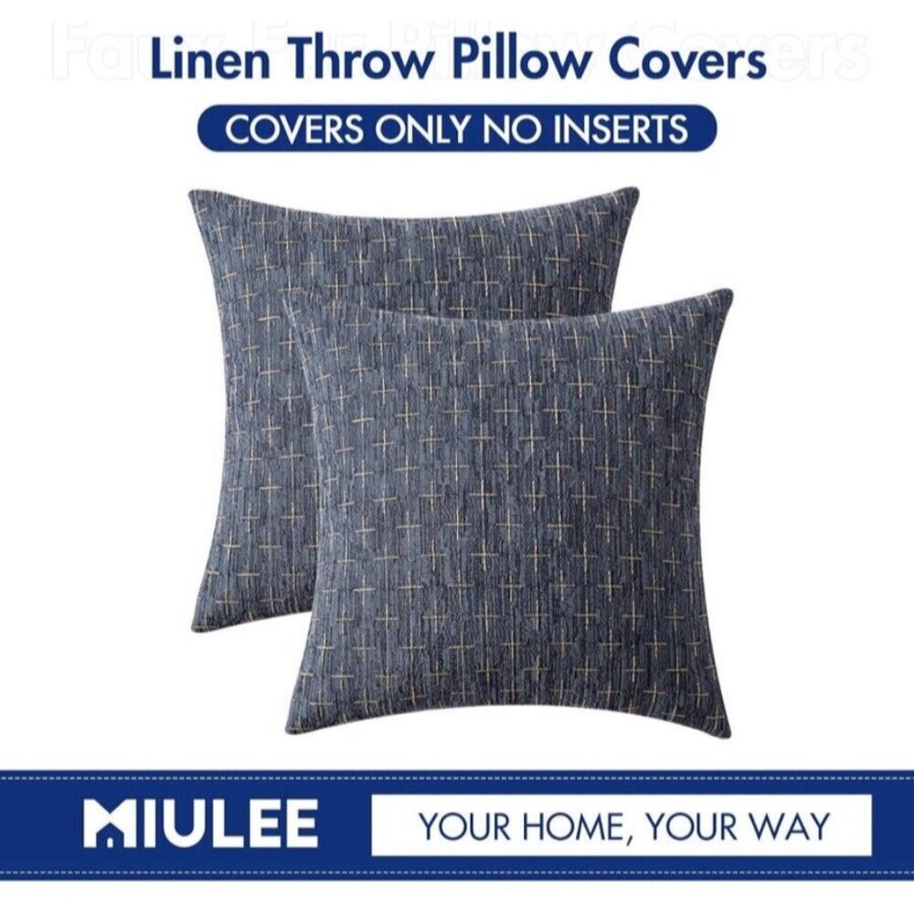 MIULEE Pack of 2 Decorative Burlap Linen Throw Pillow Covers, 18x18 Inch Blue